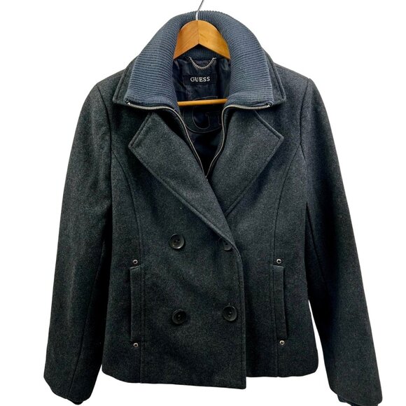 Guess Peacoat Jacket Womens Large Wool Blend Double Breasted Gray Winter Coat - Picture 11 of 12